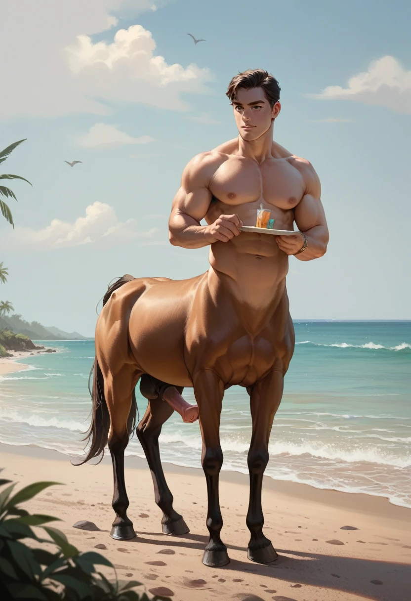 male centaur with horse penis, full body, standing on a deserted beach
