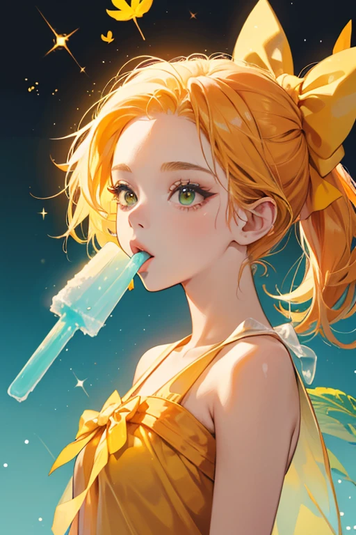 A yellow and orange freezie pop with two Popsicle sticks on her head. She has a leaf for a bow, has her tongue sticking out, as well as some juice dripping from her. SPARKLE; GLITTER