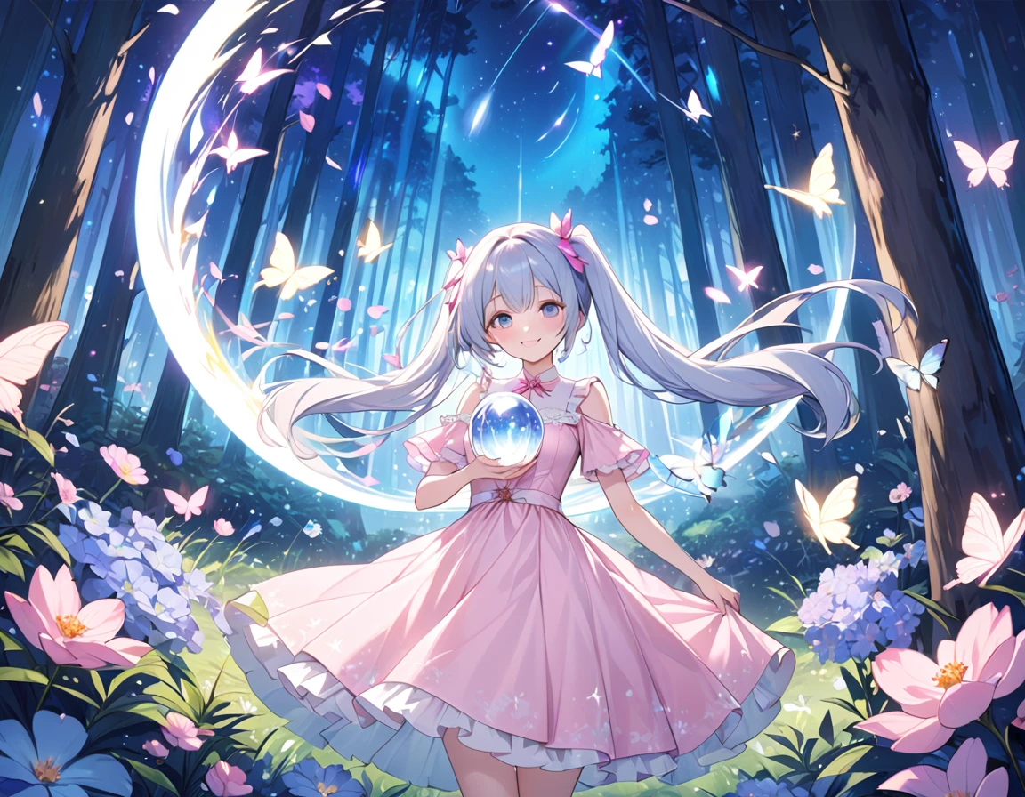 Light blue long hair、Beautiful girl with twin tails、smile、Mysterious forest with the moon shining、A forest shining in the moonlight and beautiful flowers all over the ground々、Crystal Sparkle、A beautiful girl holding a large transparent crystal ball、Many petals and many shiny butterflies fluttering about、Night Sky、shooting star、Mysterious Landscape、Beautiful girl in pink dress、A shining aura surrounds the beautiful girl