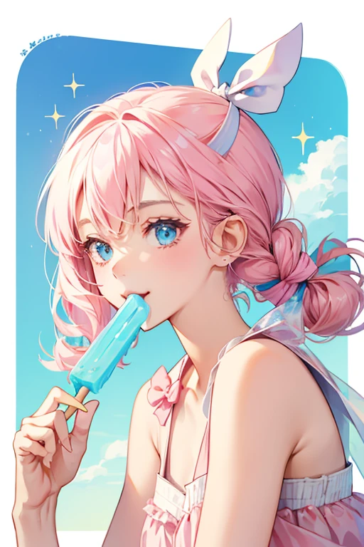 A pink, white and blue freezie pop with a winking expression. She also has a popsicle stick and a pink bow. SPARKLE; GLITTER
