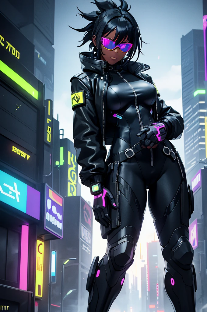 Cyberpunk,black yellow bodysuit,black afro*hairstyle) blue eyes,big blsck boots,cyberpunk face implants,,mechanical limbs,muscular,Gtscity,GtsGiga,leathers jacket,neon lights,purple tinted circle rimmed sunglasses, cyberpunk biker,best quailty,masterpiece ,dark skin,dark skinned female,solo