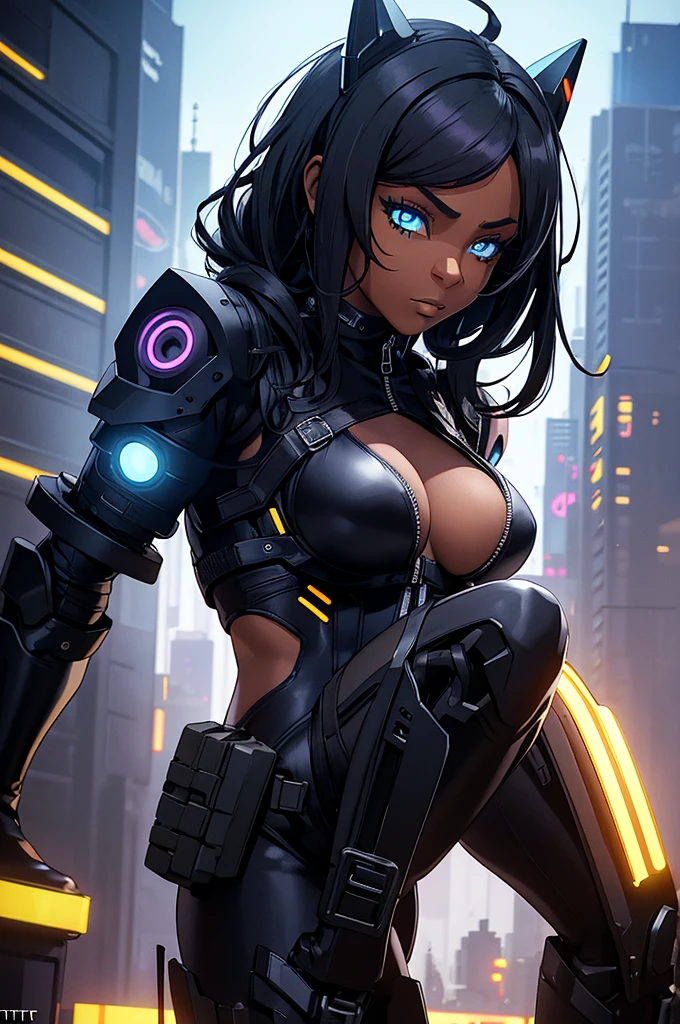 Cyberpunk,black yellow bodysuit,black afro*hairstyle) blue eyes,big blsck boots,cyberpunk face implants,,mechanical limbs,muscular,Gtscity,GtsGiga,leathers jacket,neon lights,purple tinted circle rimmed sunglasses, cyberpunk biker,best quailty,masterpiece ,dark skin,dark skinned female,solo