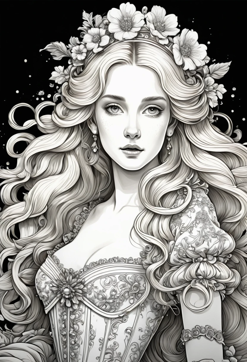 (skeleton like:0.4), ((female ornate princess)), (with blonde long flowing hair), (Bright beautiful eyes), trending on artstation, Flowers of Hope Jean-Honoré Fragonard, Peter Morbacher, hyper detailed, crazy details, deafening, difficult, elite, Art Nouveau, ornate, liquid wax, elegant, extravagant, luxury, Greg Rutkowski, ink style, sticker, vector art, Beautiful character design, double exposure shot, luminous design, award-winning, masterpiece, amoled black background, (Full torso),