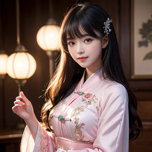 best quality, Delicate face,beautiful visual work, lifelike, eternity, black hair, Long curly hair, blunt bangs, Smile, Detailed Background, Delicate face,pink blush,cold,((masterpiece))、(top quality)、8k、high detail、Super detailed,21 years old female,Wearing wide-sleeved Tang Dynasty Hanfu、Clothes made of chiffon,Seductive and whimsical style、masterpiece、born、Scenes resembling fairy tale illustrations、intricate details和複雜的設計、Beautifully、magic、capricious、 Beautifully、Dream aesthetics、「𝓡𝓸𝓶𝓪𝓷𝓽𝓲𝓬、ethereal、charming、fickle、magic」、realism、Visual effects、FXAA、SSAO、Shader、voiceless、ambient lighting、Tone mapping、High resolution、Ultra high quality、Million pixels、(8K resolution:1.10)、8k、8k以下、8K resolution、high detail、intricate details, (high quality:1.2、masterpiece:1.2、:1.21)、(21 years old female:1.21)、(興奮地Smile)、(Surrounded by a dreamy atmosphere、Model diagram,full-body shot,Normal 2 feet,don't stretch out your hand,When wearing clothes, you can see the protrusions of your breasts. They are big breasts., Big , H cups on the chest, Landscape photos
