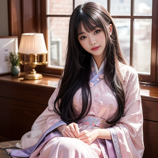 best quality, Delicate face,beautiful visual work, lifelike, eternity, black hair, Long curly hair, blunt bangs, Smile, Detailed Background, Delicate face,pink blush,cold,((masterpiece))、(top quality)、8k、high detail、Super detailed,21 years old female,Wearing wide-sleeved Tang Dynasty Hanfu、Clothes made of chiffon,Seductive and whimsical style、masterpiece、born、Scenes resembling fairy tale illustrations、intricate details和複雜的設計、Beautifully、magic、capricious、 Beautifully、Dream aesthetics、「𝓡𝓸𝓶𝓪𝓷𝓽𝓲𝓬、ethereal、charming、fickle、magic」、realism、Visual effects、FXAA、SSAO、Shader、voiceless、ambient lighting、Tone mapping、High resolution、Ultra high quality、Million pixels、(8K resolution:1.10)、8k、8k以下、8K resolution、high detail、intricate details, (high quality:1.2、masterpiece:1.2、:1.21)、(21 years old female:1.21)、(興奮地Smile)、(Surrounded by a dreamy atmosphere、Model diagram,full-body shot,Normal 2 feet,don't stretch out your hand,When wearing clothes, you can see the protrusions of your breasts. They are big breasts., Big , H cups on the chest, Landscape photos