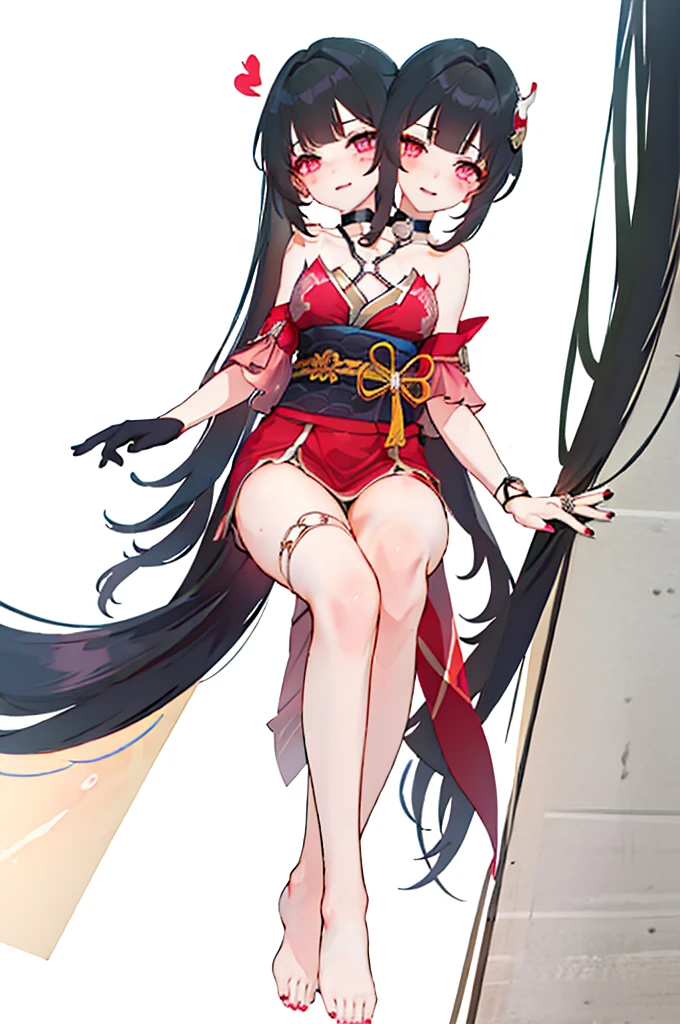 (2 heads:1.3), 1 girl, Sparks \(Honkai: Star Rail\), Twintail, hair accessories, alone, Off shoulder kimono, black nails, Mask on the head, arms separated, choker, heart, Single gloves, Wristband, Cross Halter, thigh strap, Blush, sit, from below, Focus on feet, Cross your legs., cross your legs, look at viewer, Barefoot, suffocate, ecstasy, smileที่เย้ายวนใจ, bedroom, Masterpiece, illustration, beautiful, 4K, 8ก,DSLR Photos, (8ก, 4K, Masterpiece),(Masterpiece, best quality), best resolution, (3 heads:1.5),Arms separated,arm circle, (Put your hands on your head...), (lower hand on ankle), (lower hand on leg), Full content in the frame, full body view, (four arms),(Multi-arm),(many hands), รูปร่างเพรียวบาง Masterpiece,best quality,best resolution,1 woman,many heads, upper body, smile, Facing the audience,big breasts,simple background,หน้าbeautiful,ผมbeautiful,ดวงตาbeautiful,ร่างกายที่beautifulงาม,มือbeautiful,conjoined twins