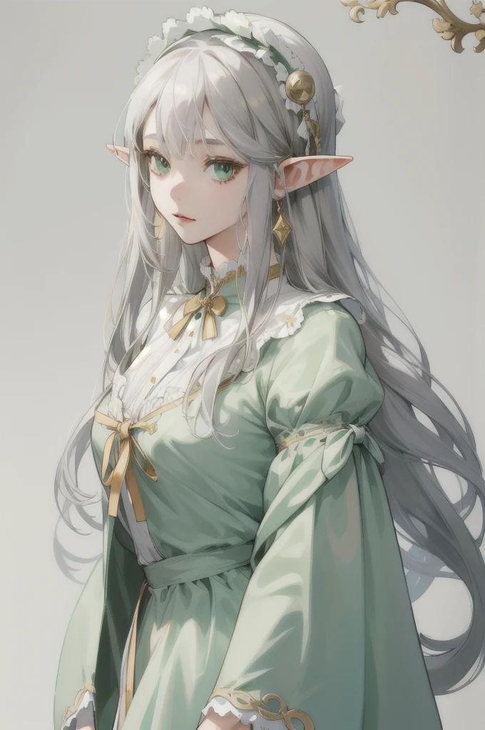 (Absurd, High resolution, Super detailed), (One girl:1.3), whole body、Gray Hair,Long Hair, Gaze, とてもLong Hair, Elf、Green Eyes、White classic ta outfit、Droopy eyes, Simple Background, anime風, anime, Gold Accessories