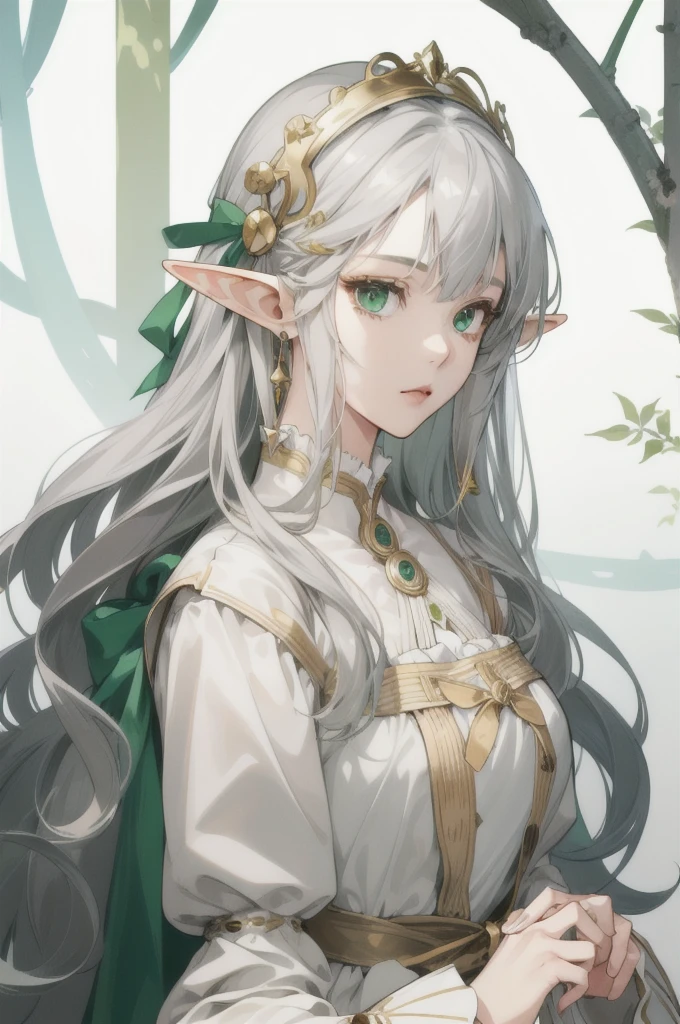 (Absurd, High resolution, Super detailed), (One girl:1.3), whole body、Gray Hair,Long Hair, Gaze, とてもLong Hair, Elf、Green Eyes、White classic lolita outfit、Droopy eyes, Simple Background, anime風, anime, Gold Accessories