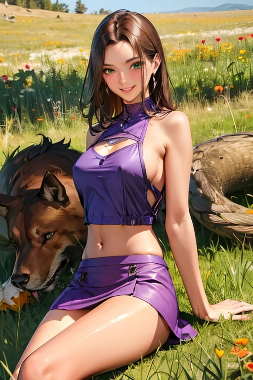 Best Picture, Masterpiece, 4K, High Quality, One Adult
Woman. The woman has brown hair. Her hair is straight, bobbed. Long slit eyes, green eyes,
Model like beauty, perfect proportions. Perfect legs. Perfect arms. Tank top, navel-baring look, tight miniskirt. High heels.
She has a blush on her cheeks and a mischievous smile on her face.
Even over clothing, one can see the large, full breasts and erect nipples.
In the grass of a meadow, (((A woman is lying down, her legs wide open, her thighs spread wide. She is facing and hugging a large dog. Perfect hands and legs. Beautiful body, beautiful legs. Beautiful hands. Perfect body, perfect legs. Perfect hands.
You can see, even through the clothing, that the woman's large, full breasts and nipples are standing up. Sweat is beading.
The woman's cheeks are flushed and she is smiling mischievously.
(The skirt is very short.)
(The skirt is very short.)