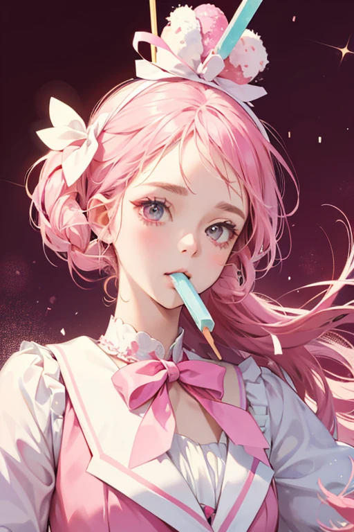 A popsicle split in 2 colors, pink and white, with a stick on her head. She has an ordinary face, has sprinkles on her, and wears a pink bow on her head. Her toy form’s appearance is entirely fushia color SPARKLE; GLITTER