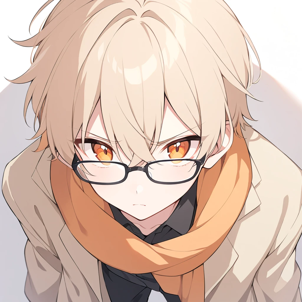 a cute young teenage boy with beige colored hair, bright orange eyes, cute face, using glasses. Wearing a beige coat, black blouse, dark pants, orange scarf. With a serious and penetrating look.