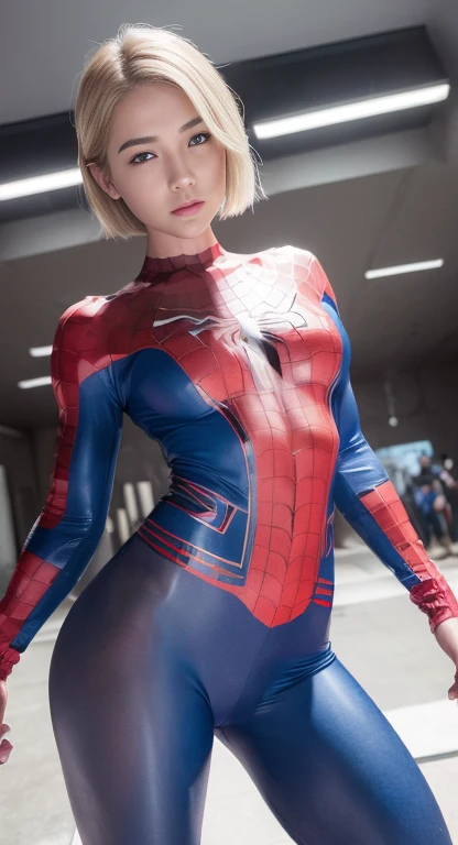 (One girl: 1.3), alone, beautiful face, (((extremely Detailed face))),(((extremely Detailed face and eyes)),beautiful detailed eyes, Body parts__, Official Art, 8k unified wallpaper, Very detailedな, beautiful and aesthetic, beautiful, masterpiece, 最high quality, born, masterpiece, Ultra-thin photo, 最high quality, Ultra-high resolution, Photorealistic realism, sunlight, Full body portrait, Great beauty, short blonde haircut, Dynamic pose, Delicate face, Bright blue eyes, (from the front), She is wearing a nylon outfit (inspired by Spiderman costume), Cosplay ('/snow/'), red, Transparent white and black color scheme, Top floor of a skyscraper, Very detailed, Detailed face, Detailed, intricate and busy background, Messy, beautiful, milky, Very detailedな肌, Realistic skin detail, Visible pores, Sharp focus, Volume Mist, 8k Ultra HD, Digital SLR, high quality, Film Grain, Fair skin, Photorealism, Lomography, Future dystopian megacity, View from below, translucent,(slender body:1.1),((Abdominal muscles：1.2)）,((Muscular:1.2))