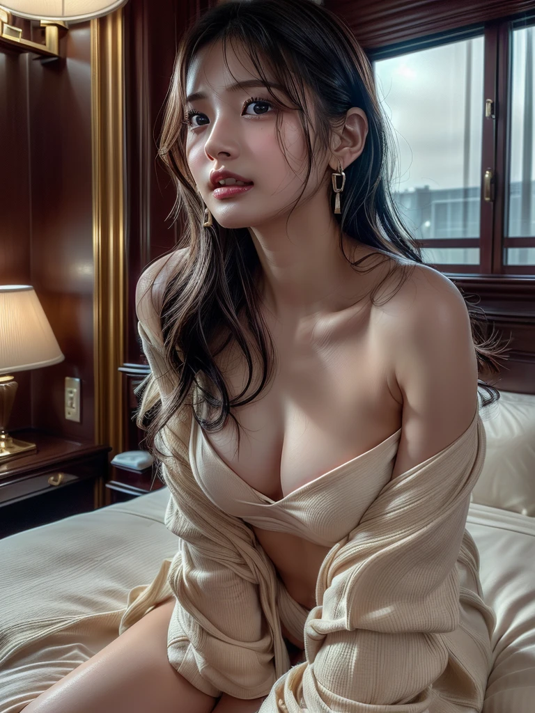 (((Luxurious luxury hotel room 1.5)))、(((A little dim 2.0)))Professional Lighting、(((Professional Lighting 1.5)))、Translucent skin texture、Beautiful Skin、Beautiful Skin、Glowing Skin 1.5、(((Whitening 1.5)))、、、音符のEcstasy、(((Nude 1.5)))、Off the shoulder、Profile 1.4、See-through 1.5、No bra、Mid-shot photo、Simple Earrings、((tea hair))、((Mid-length hair))、Updo、sex appeal、Sex Appeal、Ecstasy、(((Mid-shot photo1.5))、(((Dynamic pose 1.85)))、(((sexy pose 1.85)))、(((One woman)))、