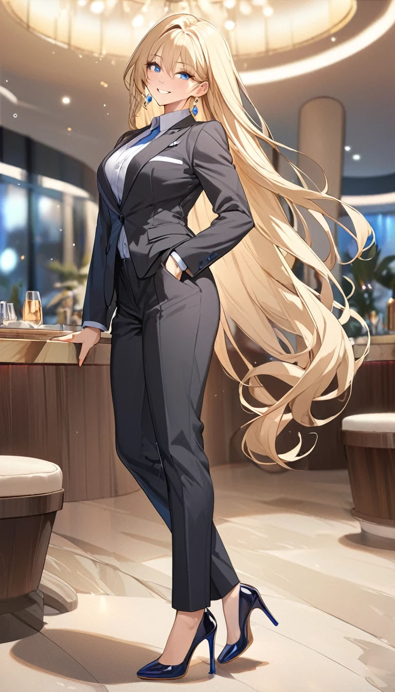 (Highest quality、Very detailed、Ultra-high resolution) 、(1 girl、、Mature), blue eyes、smile、((Blonde))、Semi-long hair、Beautiful breasts、(suit:1.4), T shirt, High heels, earrings