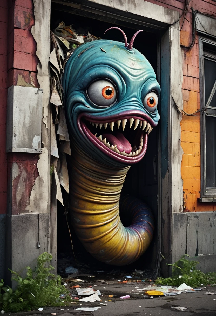 garbage pail kids style, a worm with a face sticking out of the side of a building, garbage pail kid style, a grotesque humanoid worm creature,highly detailed face emerging from the side of a dilapidated building,grungy urban environment, vibrant colors, surreal and bizarre, twisted and distorted, nightmarish and unsettling, (best quality,4k,8k,highres,masterpiece:1.2),ultra-detailed,(realistic,photorealistic,photo-realistic:1.37),grotesque,surreal,dark fantasy,horror,bizarre,unsettling,unsettling atmosphere,gritty,urban decay,detailed textures,vibrant colors,twisted,distorted,monstrous,nightmarish