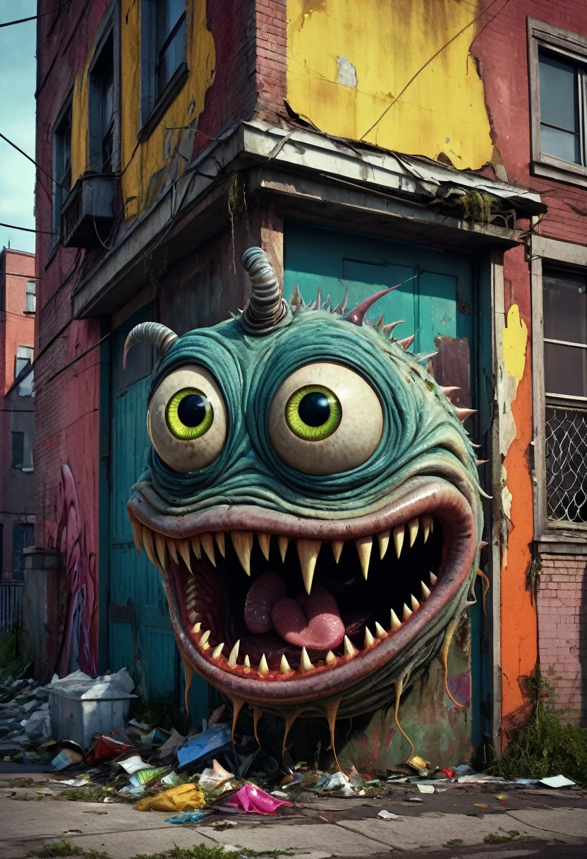 garbage pail kids style, a worm with a face sticking out of the side of a building, garbage pail kid style, a grotesque humanoid worm creature,highly detailed face emerging from the side of a dilapidated building,grungy urban environment, vibrant colors, surreal and bizarre, twisted and distorted, nightmarish and unsettling, (best quality,4k,8k,highres,masterpiece:1.2),ultra-detailed,(realistic,photorealistic,photo-realistic:1.37),grotesque,surreal,dark fantasy,horror,bizarre,unsettling,unsettling atmosphere,gritty,urban decay,detailed textures,vibrant colors,twisted,distorted,monstrous,nightmarish