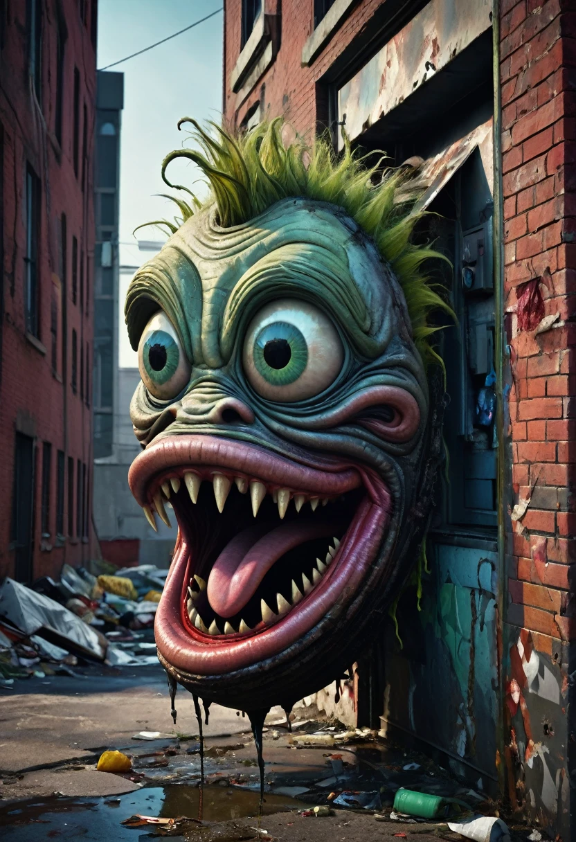 garbage pail kids style, a worm with a face sticking out of the side of a building, garbage pail kid style, a grotesque humanoid worm creature,highly detailed face emerging from the side of a dilapidated building,grungy urban environment, vibrant colors, surreal and bizarre, twisted and distorted, nightmarish and unsettling, (best quality,4k,8k,highres,masterpiece:1.2),ultra-detailed,(realistic,photorealistic,photo-realistic:1.37),grotesque,surreal,dark fantasy,horror,bizarre,unsettling,unsettling atmosphere,gritty,urban decay,detailed textures,vibrant colors,twisted,distorted,monstrous,nightmarish