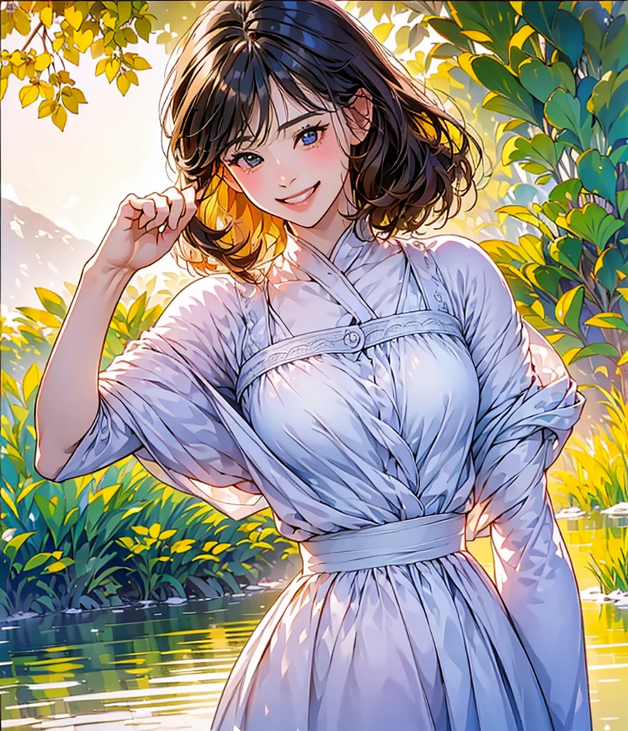 (in 8K、top-quality、masterpiece:1.2)、One woman、(Smiling smile:1.1)、beautidful eyes、Valley、The upper part of the body、shorth hair、Like a boy、Colossal tits、red view、