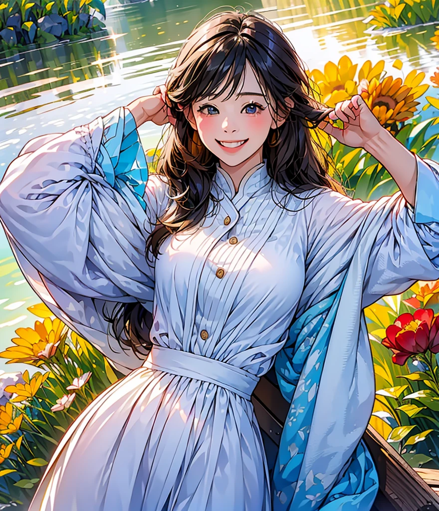 (in 8K、top-quality、​masterpiece:1.2)、One woman、(Smiling smile:1.1)、beautidful eyes、Valley、The upper part of the body、shorth hair、Like a boy、Colossal tits、red view、