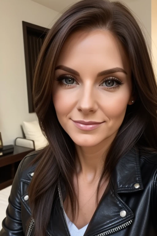 close up, of young, 25 year old, mom, gilf, milf, face portrait, skinny, pale, long hair, leather jacket, selfie, in cozy home