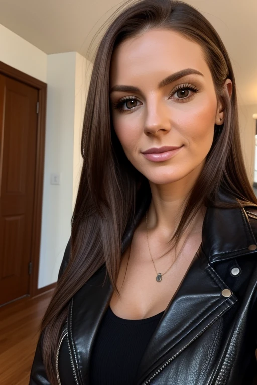 close up, of young, 25 year old, mom, gilf, milf, face portrait, skinny, pale, long hair, leather jacket, selfie, in cozy home