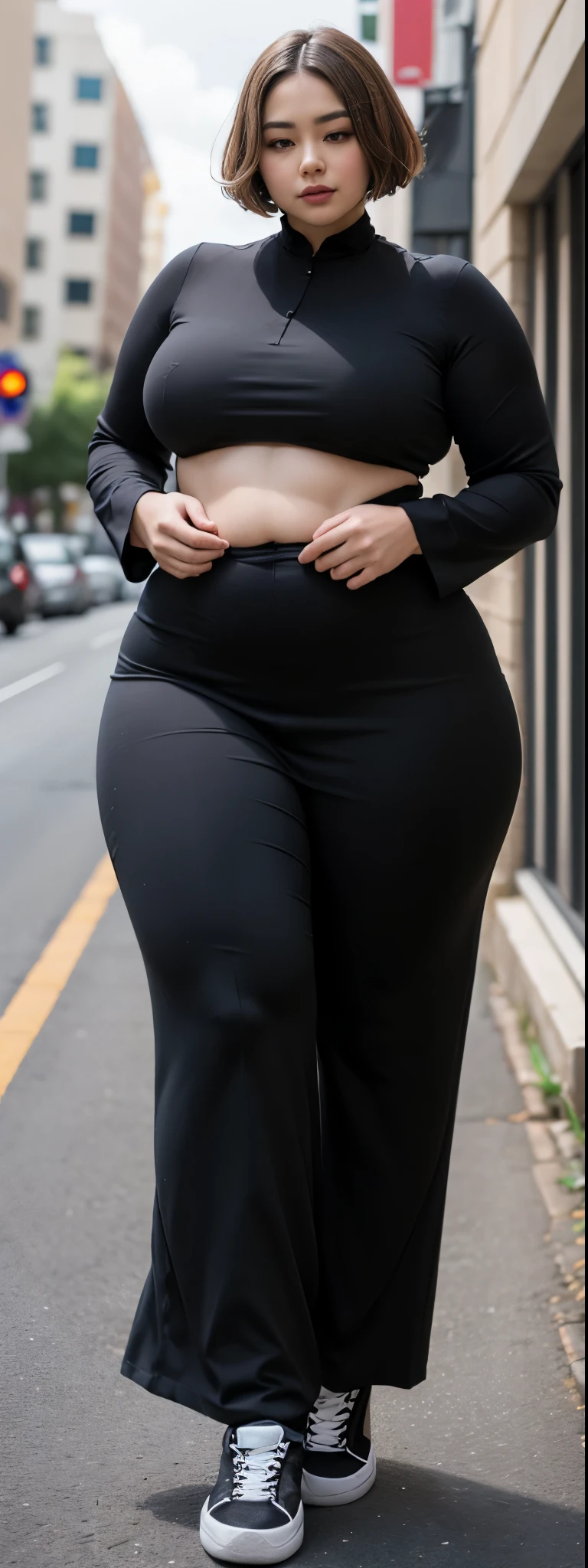 ((best quality)), ((masterpiece)), (detailed), malay woman, perfect face, araffe woman in a dark-black gamis walking down a street, thicc, she has a jiggly fat round belly, bbwchan, wearing tight simple clothes, skinny waist and thick hips, widest hips, her belly is fat and round, soft curvy shape, hyperrealistic full figure, wearing gamis , wide hips, sneakers