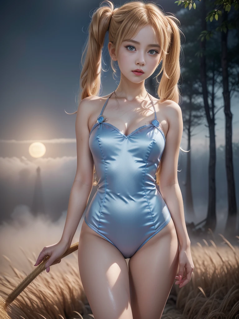 ((RAW photo), absurd, (absurdresolution)), masterpiece, best quality, (Extremely detailed 8k unity CG wallpaper), (best illustration), (best shadow), Realistic lighting, beautiful detailed glow, ((21 years old, the most beautiful young girl, beautiful, innocent face)), (standing looking at viewer, leg slightly bent), (luminous golden blonde hair, two big buns, long pigtails), (perfect blue pupil, defined, sharp), (((lord luna, very feminine formal suit, straw color))), ((background: hinoki trees and fog)), (her: dynamic pose of transformation to lord luna)