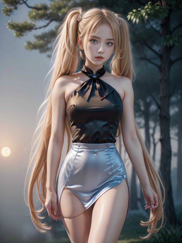 ((RAW photo), absurd, (absurdresolution)), masterpiece, best quality, (Extremely detailed 8k unity CG wallpaper), (best illustration), (best shadow), Realistic lighting, beautiful detailed glow, ((21 years old, the most beautiful young girl, beautiful, innocent face)), (standing looking at viewer, leg slightly bent), (luminous golden blonde hair, two big buns, long pigtails), (perfect blue pupil, defined, sharp), (((lord luna, very feminine formal suit, straw color))), ((background: hinoki trees and fog)), (her: dynamic pose of transformation to lord luna)