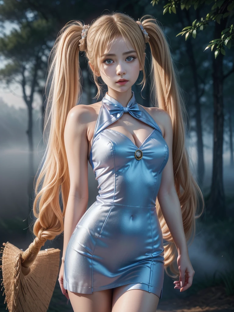 ((RAW photo), absurd, (absurdresolution)), masterpiece, best quality, (Extremely detailed 8k unity CG wallpaper), (best illustration), (best shadow), Realistic lighting, beautiful detailed glow, ((21 years old, the most beautiful young girl, beautiful, innocent face)), (standing looking at viewer, leg slightly bent), (luminous golden blonde hair, two big buns, long pigtails), (perfect blue pupil, defined, sharp), (((lord luna, very feminine formal suit, straw color))), ((background: hinoki trees and fog)), (her: dynamic pose of transformation to lord luna)