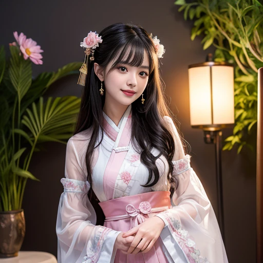 best quality, Delicate face,beautiful visual work, lifelike, eternity, black hair, Long curly hair, blunt bangs, Smile, Detailed Background, Delicate face,pink blush,cold,((masterpiece))、(top quality)、8k、high detail、Super detailed,21 years old female,Wearing wide-sleeved Tang Dynasty Hanfu、Clothes made of chiffon,Transparent sleeves, Seductive and whimsical style、masterpiece、born、Scenes resembling fairy tale illustrations、intricate details和複雜的設計、Beautifully、magic、capricious、 Beautifully、Dream aesthetics、「𝓡𝓸𝓶𝓪𝓷𝓽𝓲𝓬、ethereal、charming、fickle、magic」、realism、Visual effects、FXAA、SSAO、Shader、voiceless、ambient lighting、Tone mapping、High resolution、Ultra high quality、Million pixels、(8K resolution:1.10)、8k、8k以下、8K resolution、high detail、intricate details, (high quality:1.2、masterpiece:1.2、:1.21)、(21 years old female:1.21)、(興奮地Smile)、(Surrounded by a dreamy atmosphere、Model diagram,full-body shot,Normal 2 feet,don't stretch out your hand,When wearing clothes, you can see the protrusions of your breasts. They are big breasts., Big , H cups on the chest, Landscape photos