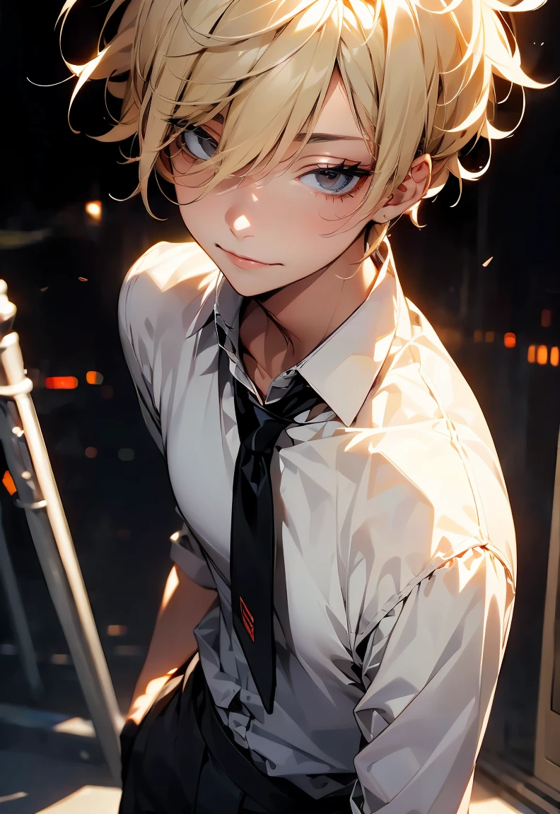 One male character, adult male, bishonen, pretty, handsome, yandere, soft smile, completely black eyes, blonde, short hair, messy hair , black modern clothes, pale skin, looking at camera, charming pose, date night, warm colors, creepy soft smile.