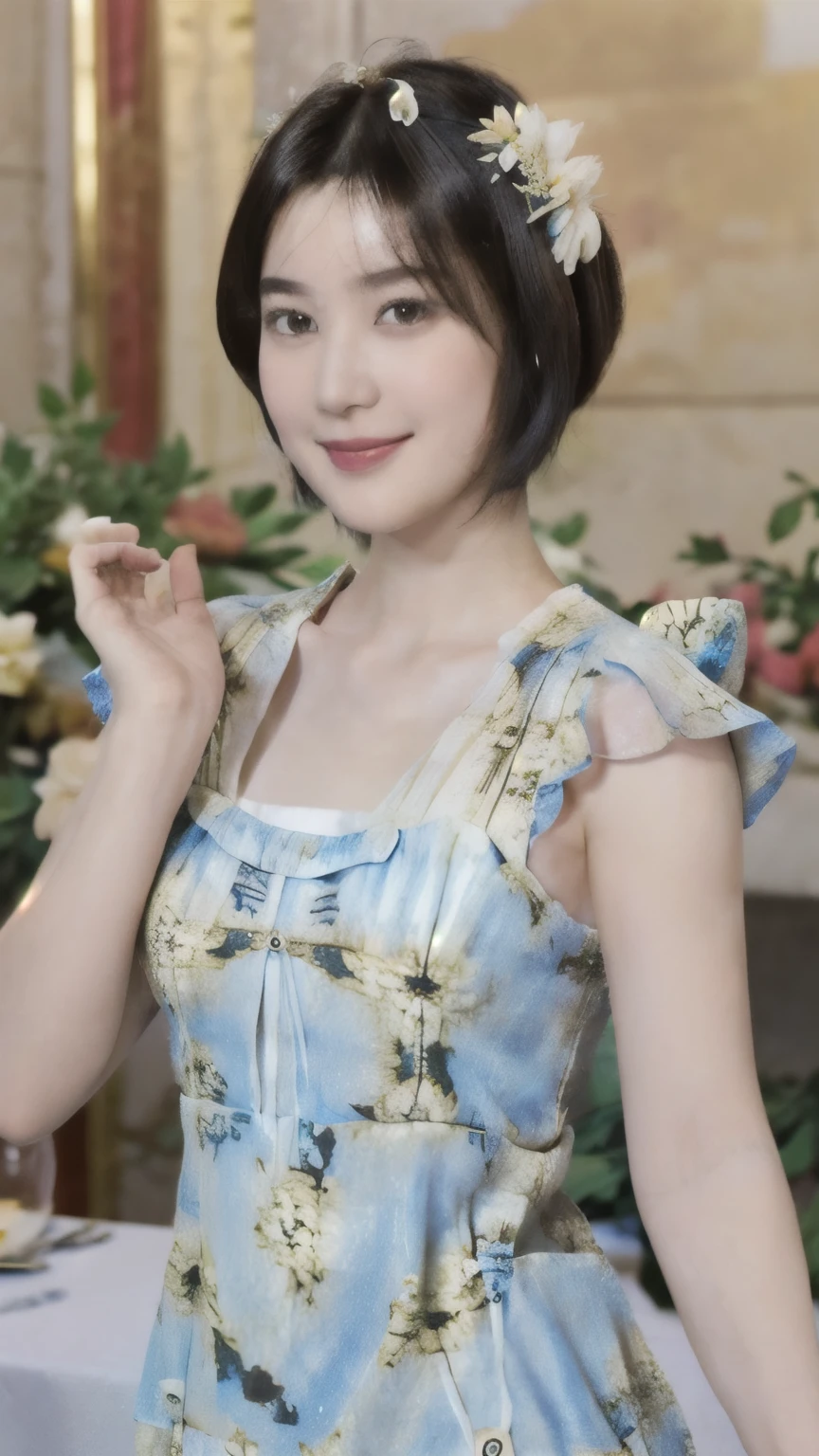 267 (20-year-old princess,Are standing), (Tabletop), ((short hair:1.46)), (chest:1.46), Archaic Smile, (Floral Dress:1.46), (Majestic Palace:1.46) 80
