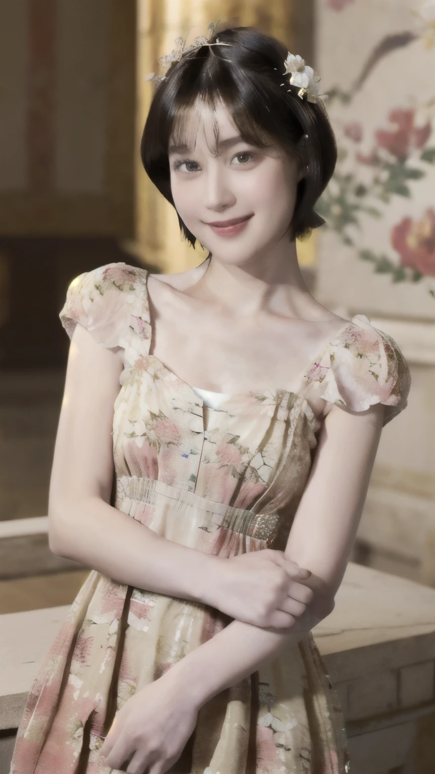 267 (20-year-old princess,Are standing), (Tabletop), ((short hair:1.46)), (chest:1.46), Archaic Smile, (Floral Dress:1.46), (Majestic Palace:1.46) 80