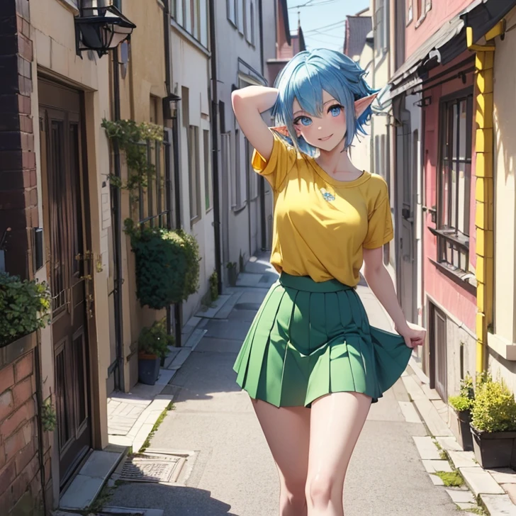 Absurdres, masterpiece, highest quality, very detailed features and textures, alone solo character, anime style, fantasy genre
{{(14 years old blue haired elf girl: (pale skin, short messy spiky blue hair, heterochromatic eyes, very thin lips, nice teenage body, breasts, big butt, beautiful arms, beautiful legs, happy face, open smile, running happy), (yellow shirt, green skirt, pink shoes), (danish city street, sunny morning, danish houses around)}}