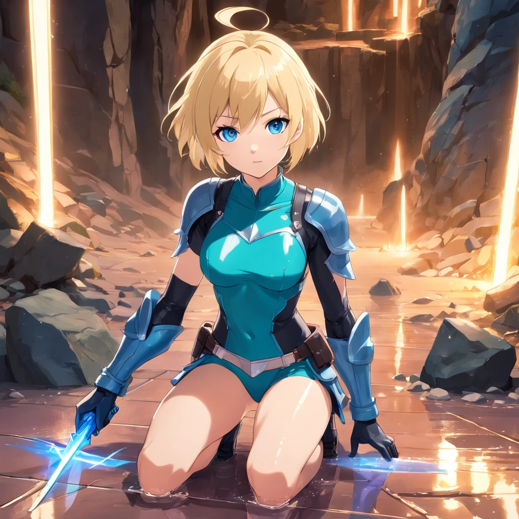 Women, ((Blonde)), ((Blue eyes)), ((Short hair)), ((Full shot)), very detailed makeup, pale pink lipstick, wearing a Leather micro bikini with a light sword in her hand, and Valkyrie Helmet and shiled ((stiletto boots)), in a cavern low light ((wet floor)) ((full Body))