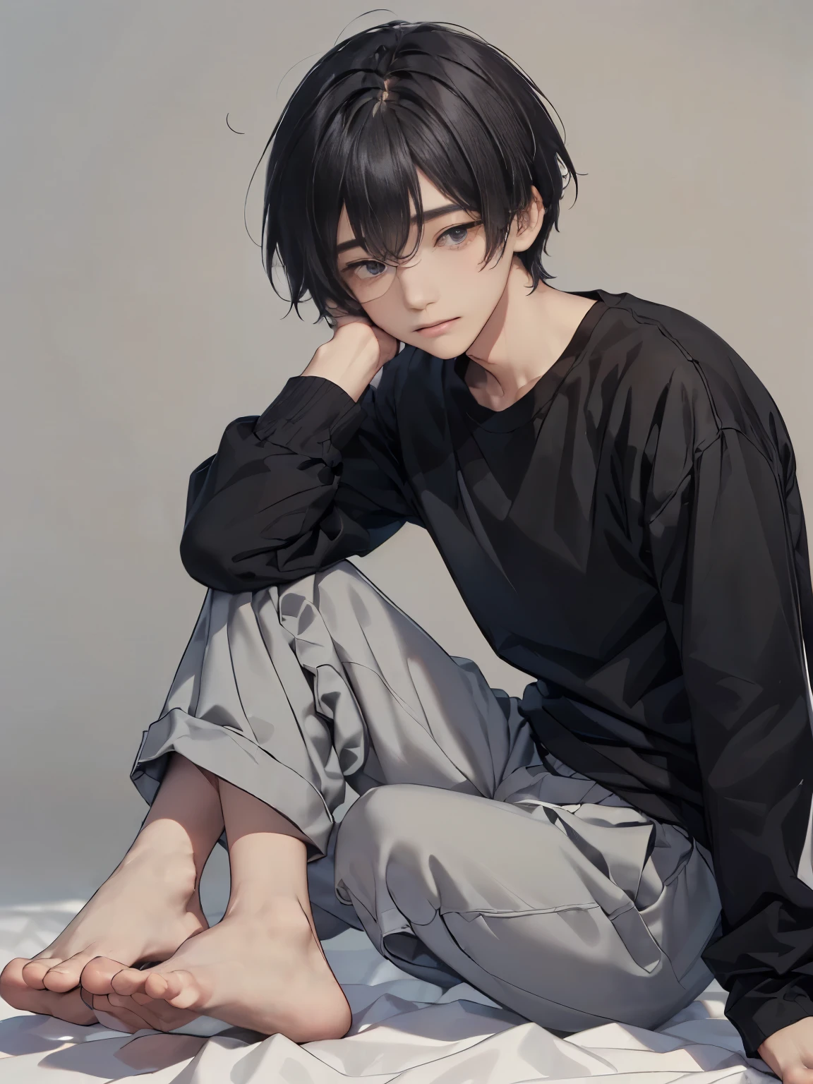 Masterpiece,best quality, one Japanese boy, 20 years old,(tall and thin,sleepy droopy eyes, long face, (thin cheeks:1.2),(black shaggy short hair,Close-up of a tired face:1.5),(plain gray sweatshirt on top and bottom, long sleeves, long pants, bare feet:1.5),(Plain background:1.5),