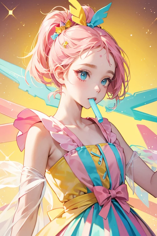 A yellow and pink freezie pop with two popsicle sticks on her head, each held by a bow opposite of her body coloring. She has a normal expression and pink seeds on her forehead. SPARKLE; GLITTER