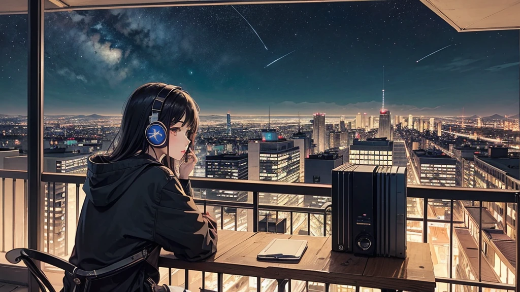 A girl is sitting on the balcony、A scene where you are wearing headphones and looking at the night view of the city。The girl is relaxing、Enjoying a quiet night。Stars shine in the night sky、The city lights stretch out in the distance。