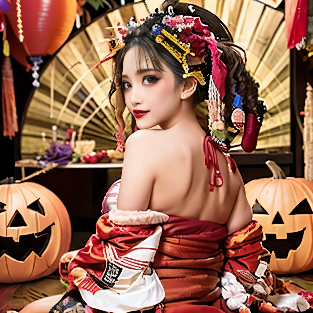  (Amateur Photography), Rear View, 1 Girl, Beautiful woman in Harley Quinn costume，, Straddle, Red top, Halloween, taken on の old camera, Low resolution, Flash photography, Grainy, Sepia, Polaroid, Beautiful Face, Happy, Laughter, Beautiful Eyes, Show me your breasts, Award-winning scenery 、Oiran