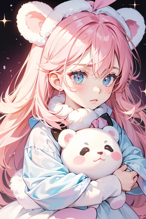 A pale pink and white panda bear jelly bean with a grumpy expression and no mouth. She wears a pink bow on the white side of her body. SPARKLE; GLITTER