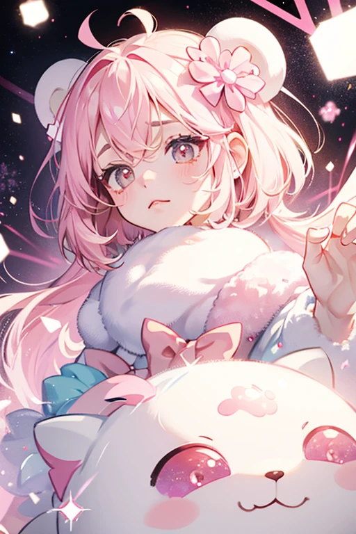 A pale pink and white panda bear jelly bean with a grumpy expression and no mouth. She wears a pink bow on the white side of her body. SPARKLE; GLITTER