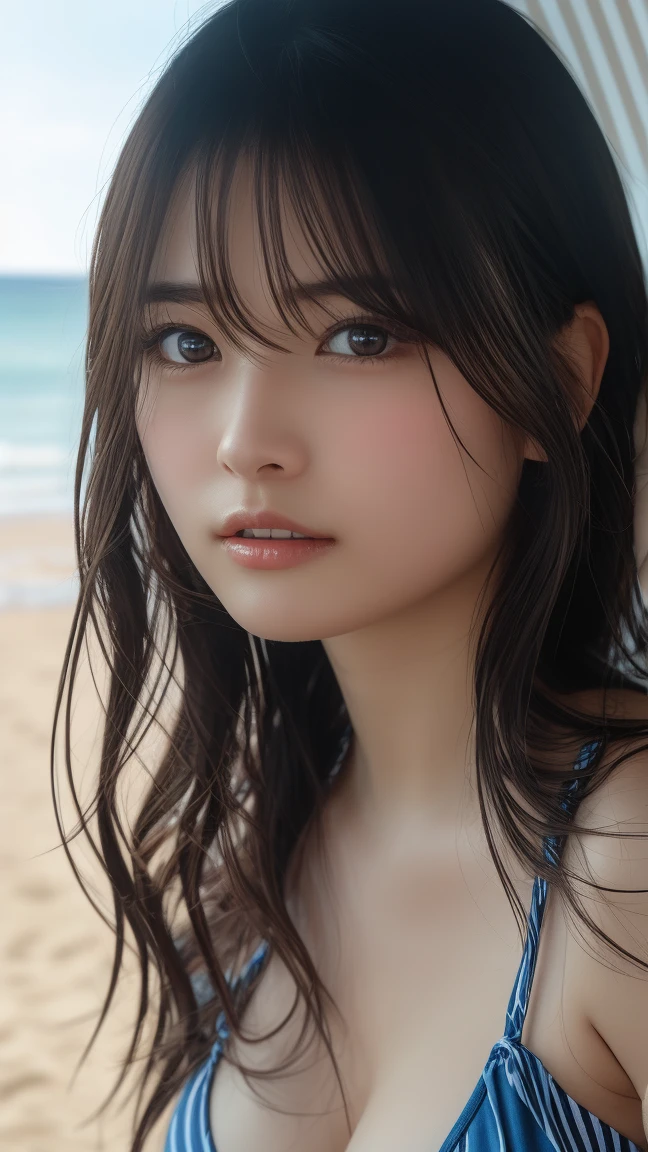 best quality, face focus, soft light, ultra high res, (photorealistic:1.4), RAW photo, 1japanese girl, solo, cute, ( pupil, lights in the eyes), detailed beautiful face,( high resolution detail of human skin texture), Beautiful girl, gravure idol, gravure body type, medium breasts, pink nipple, cowboy shot, dynamic angle, from front, striped pattern bikini, beach, Beautiful Girl Contest, outdoor, looking at viewer,( portrait)