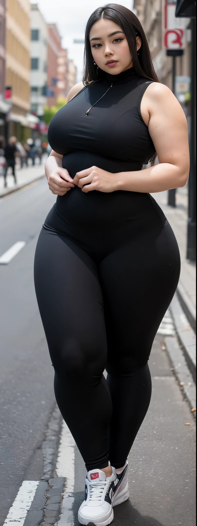 ((best quality)), ((masterpiece)), (detailed), malay woman, perfect face, araffe woman in a dark-black gamis walking down a street, thicc, she has a jiggly fat round belly, bbwchan, wearing tight simple clothes, skinny waist and thick hips, widest hips, her belly is fat and round, soft curvy shape, hyperrealistic full figure, wearing gamis , wide hips, sneakers