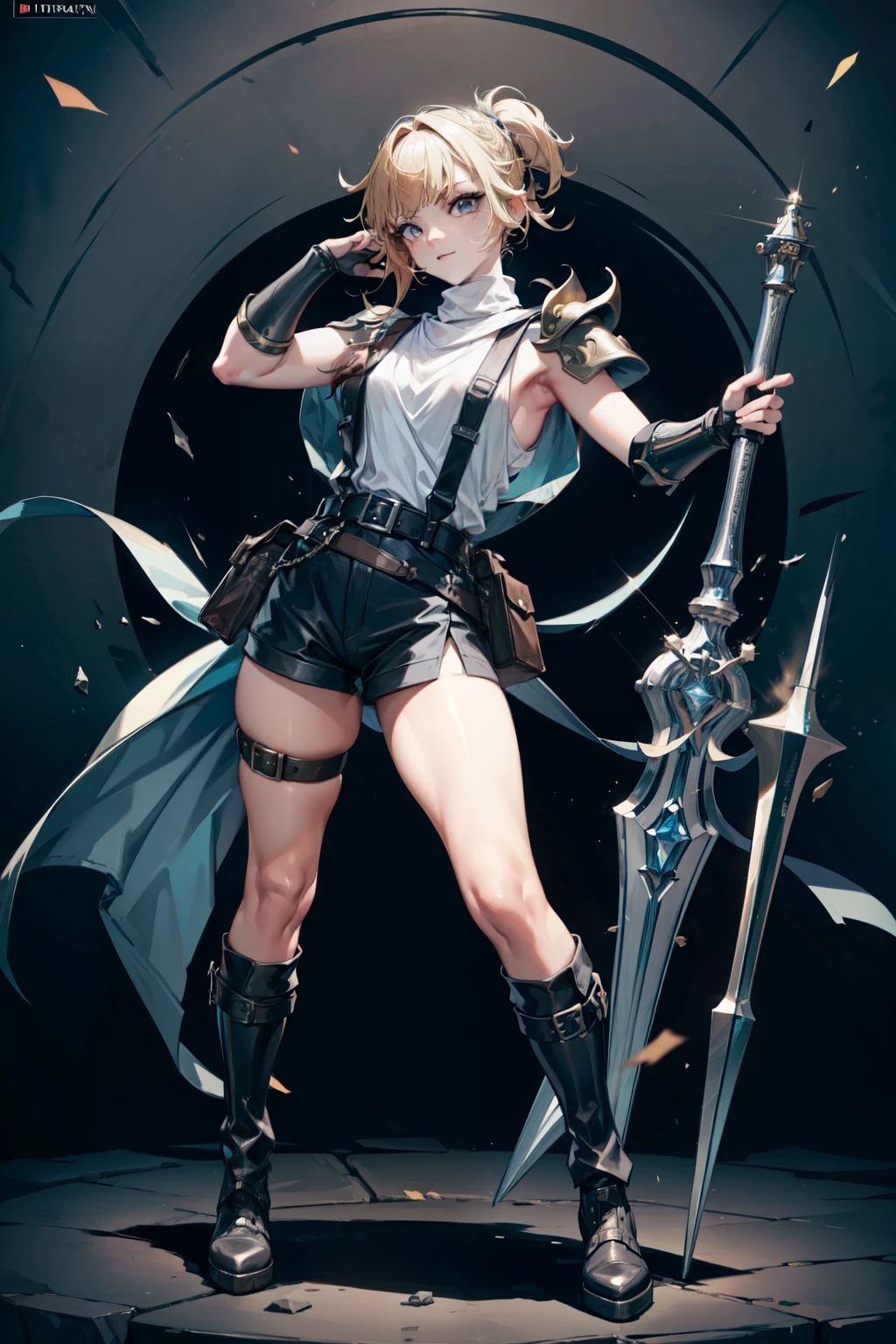 (masterpiece, best quality:1.2), perfect eyes, perfect face, ultra detailed face , strong make up, highres, 1 girl, solo, make up, (female:1.5), strife, shoulder armor, sleeveless turtleneck, suspenders, belt, gloves, bracer, evil smile, standing, portrait, looking at viewer, giant sword on the back, long leather boots, fullbody shot