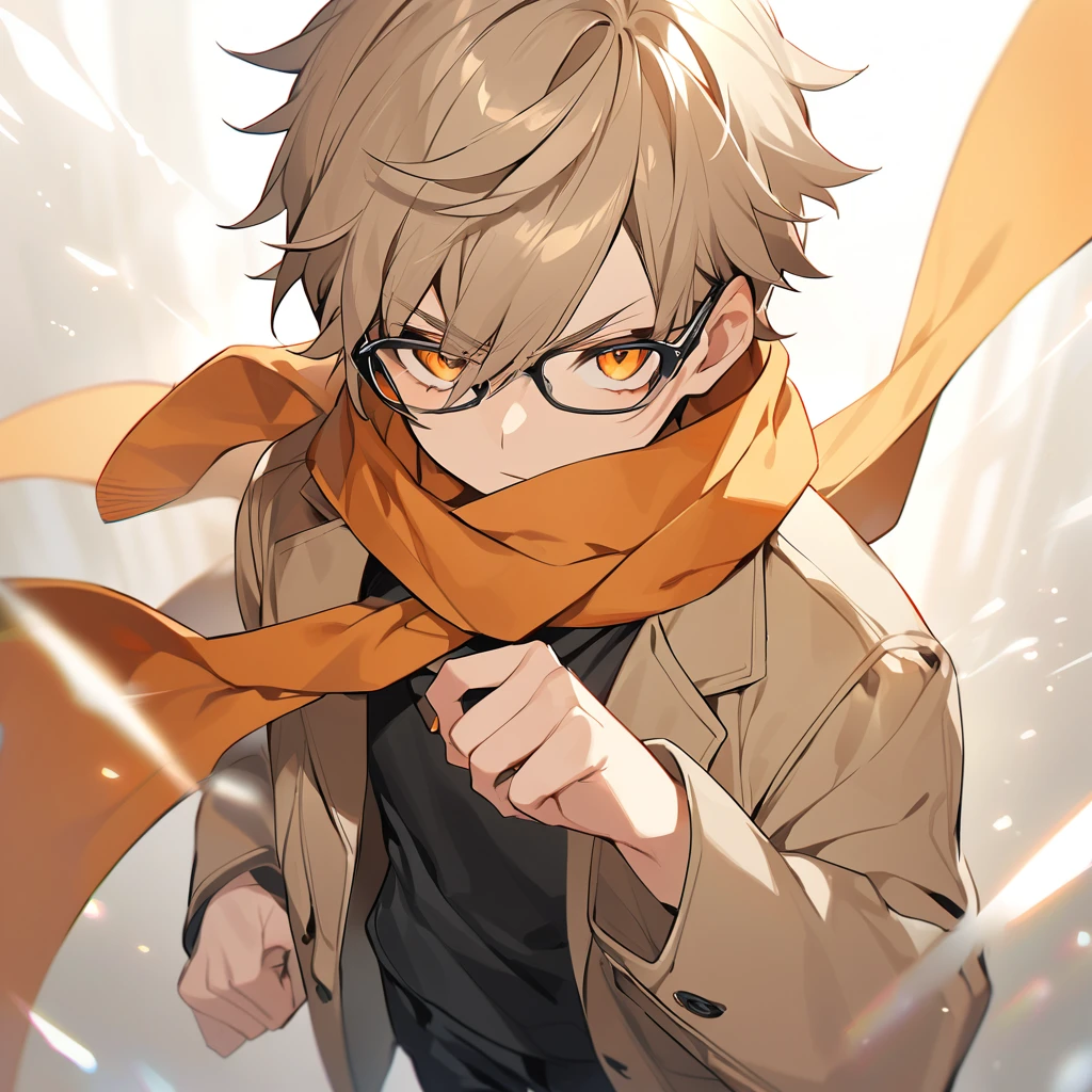 a cute young teenage boy with beige colored hair, bright orange eyes, cute face, using glasses. Wearing a beige coat, black blouse, dark pants, orange scarf. With a serious and penetrating look.