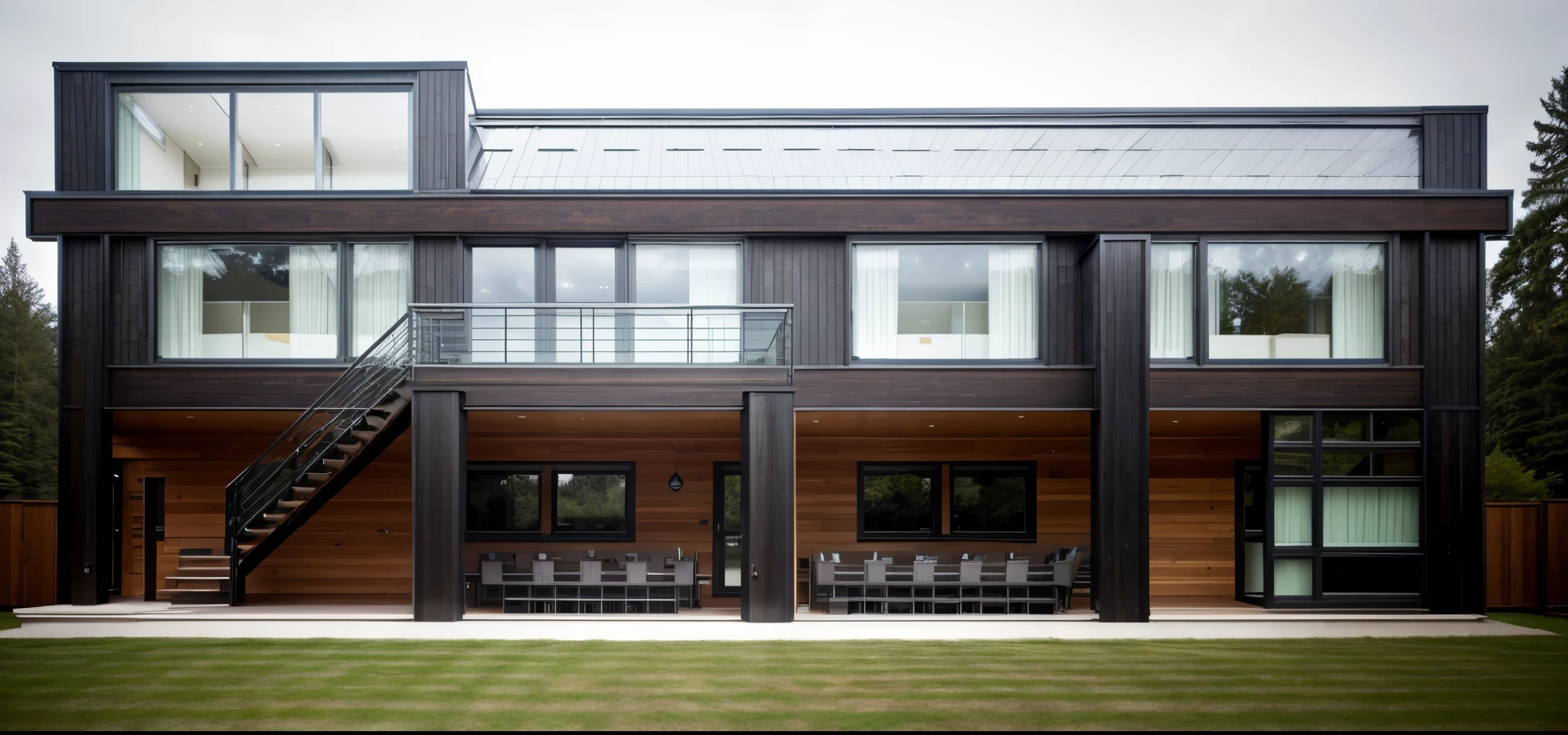 house exterior contemporary style, modernism, glass doors and windows,black metal rail, conwood ceilling, masterpiece, highquality, realistic photo, canon eos 5D mark, natural light,
