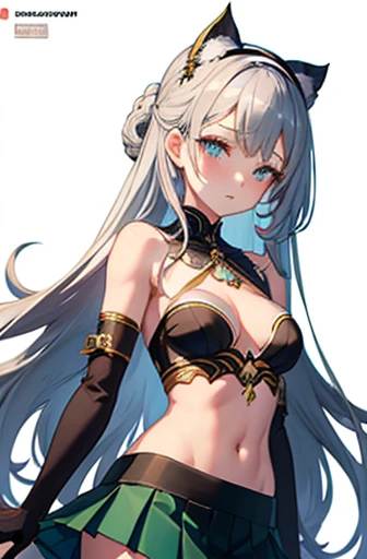 One girl, anime, cute girl, Blank Background, White Background, Fantasy, detailed dark Fantasy dress with highlights, Beautiful Face, Beautiful Eyes, Dark colors, Silver Hair, Slightly small chest, slight Cleavage, Beautiful Skin, cute, Chest Curtain, Very delicate and beautiful, (Beautifully detailed face:1.0), (detailed Deep Eyes), Symmetrical breasts, Deep Eyes, Glowing Skin, Portraiture, Narrow waist, Hips are wider than shoulders, Thighs, Young girl, Expressionless, Iroha Base, hair ornaments, hair band, sarashi, Haori, Covered navel, Black gloves, Pleated skirt, Green Skirt, White knee socks, Cleavage Cat ear