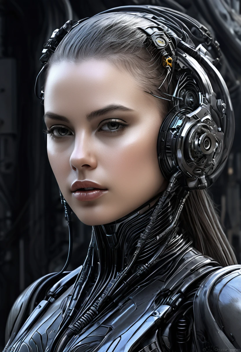 female face, female, robust young engineer with cybernetic enhancements, difficult, elegant, very detailed, digital painting, ArtStation, conceptual art, smooth, Sharp Focus, illustration, Giger's art, Greg Rutkowski and Alphonse Mucha, beautiful dramatic lighting