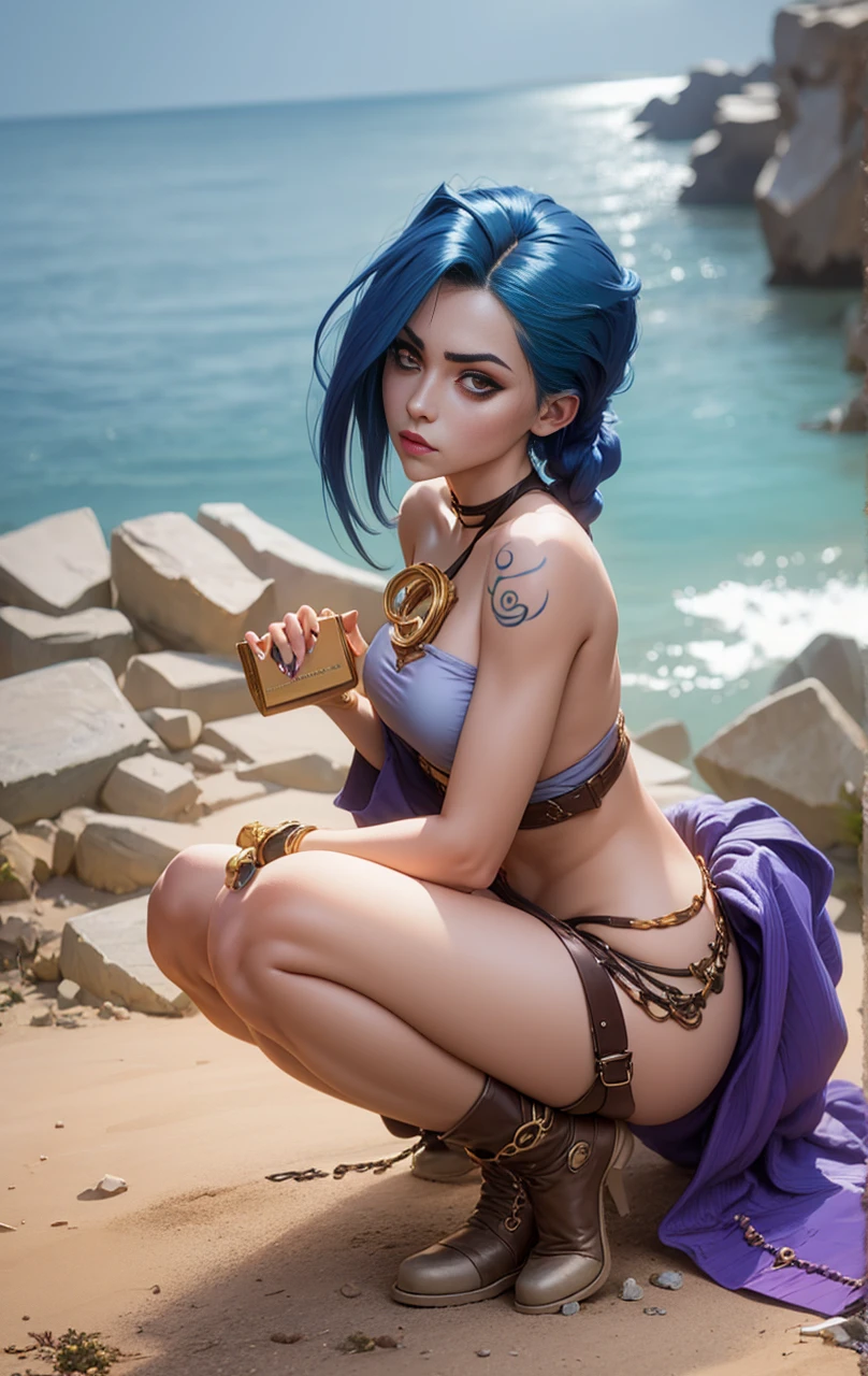 Jinx's character design, sexypose, Beautiful figure, Arcane's Jinx, Holding a sparkling and glowing box in his hands, Bright blue and purple sparks all around, glowing eyes, Pink glowing eyes, hairlong, hairsh, braided into long braids, Pigtails hang below the knee, Hair color changes from bright blue to navy blue, Dressed in brown breeches, Leather boots on the feet, Top with four gold circles on the chest in the middle of the chest, Blue cloud tattoos on shoulders and waist, Long bangs, hanging on the right side, Belt with cartridges on the belt, Arcane style, extremely detailed CG unity 8k wallpaper, detailed light, Cinematic lighting, chromatic aberration, glittering, expressionless, epic composition, dark in the background, Cherecter Desing, Very detailed, Detailed body, Vibrants, Detailed Face, sharp-focus, anime art, Vibrants, Detailed Face, Hugh Details, sharp-focus, Very drooping face, A detailed eye, super fine illustration, better shadow, finely detail, Beautiful detailed glow, Beautiful detailed, Extremely detailed, expressionless, epic composition,