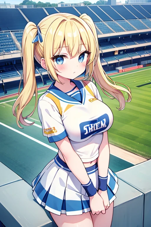 Highest quality,masterpiece,Blonde with blue eyes、Cheerleader、(the Stadium1 bin.1)Koshien Stadium,High School Baseball Cheer Team,Be in the audience,Packed seats,Beautiful breasts、Twin tails、Girl&#39;s cute eyes,,jumping,under boob,enjoy,